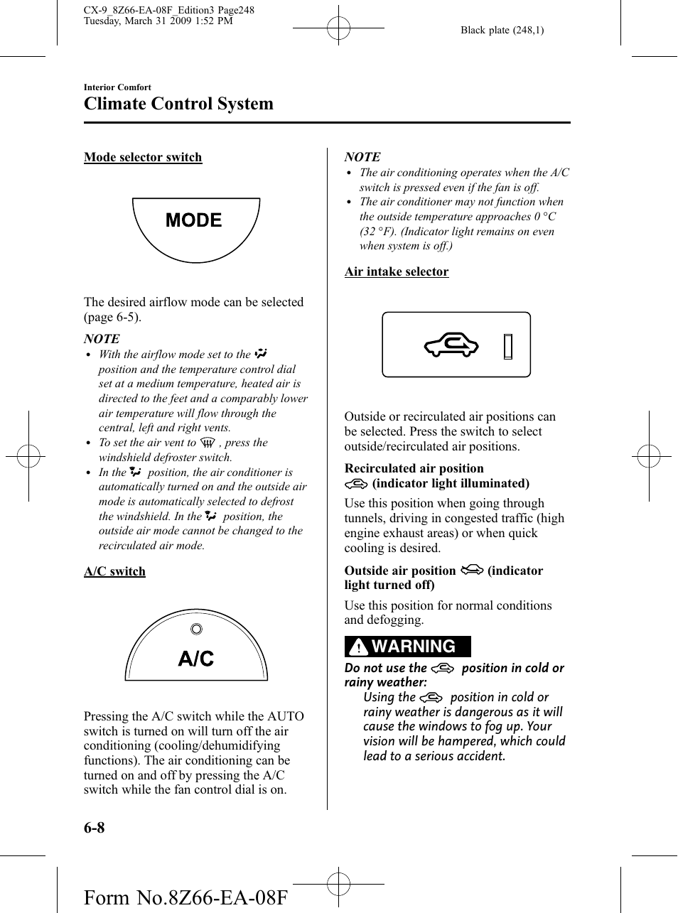 Climate control system, Warning | Mazda 2009 CX-9 User Manual | Page 248 / 538