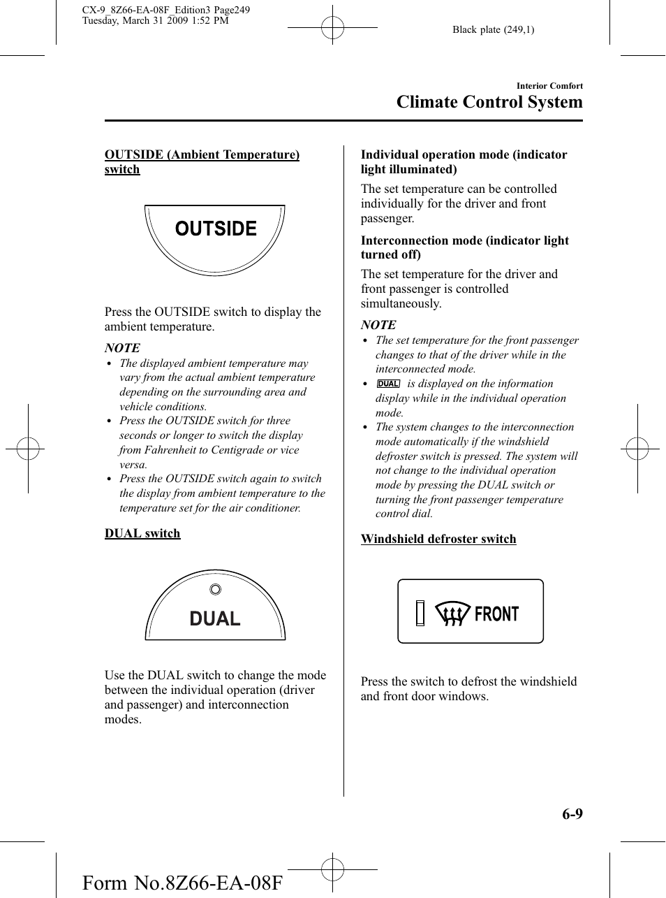 Climate control system | Mazda 2009 CX-9 User Manual | Page 249 / 538