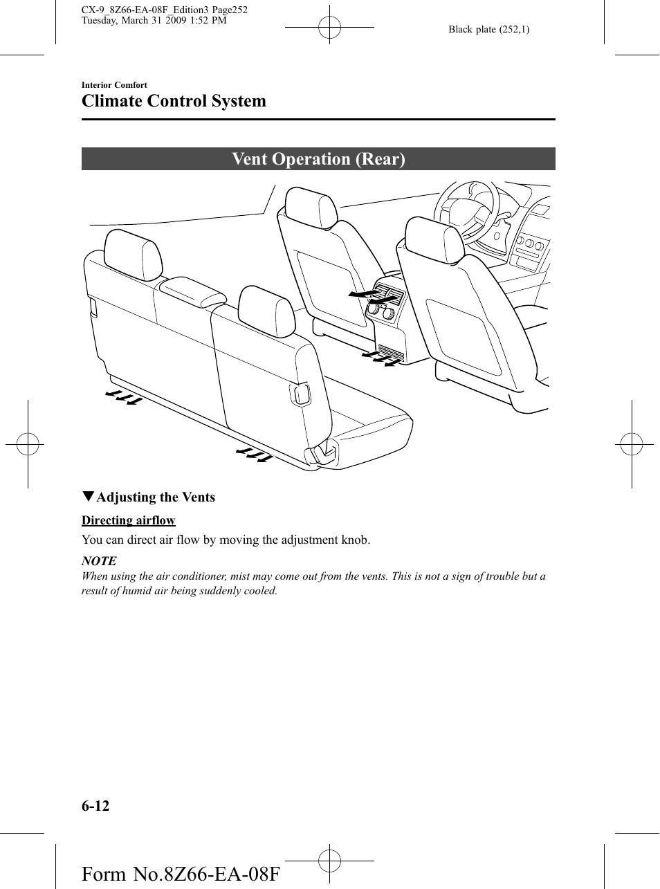 Vent operation (rear), Vent operation (rear) -12, Climate control system | Mazda 2009 CX-9 User Manual | Page 252 / 538