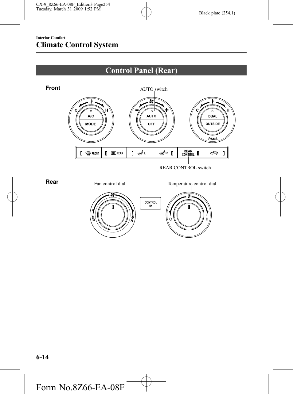 Control panel (rear), Control panel (rear) -14, Climate control system | Mazda 2009 CX-9 User Manual | Page 254 / 538