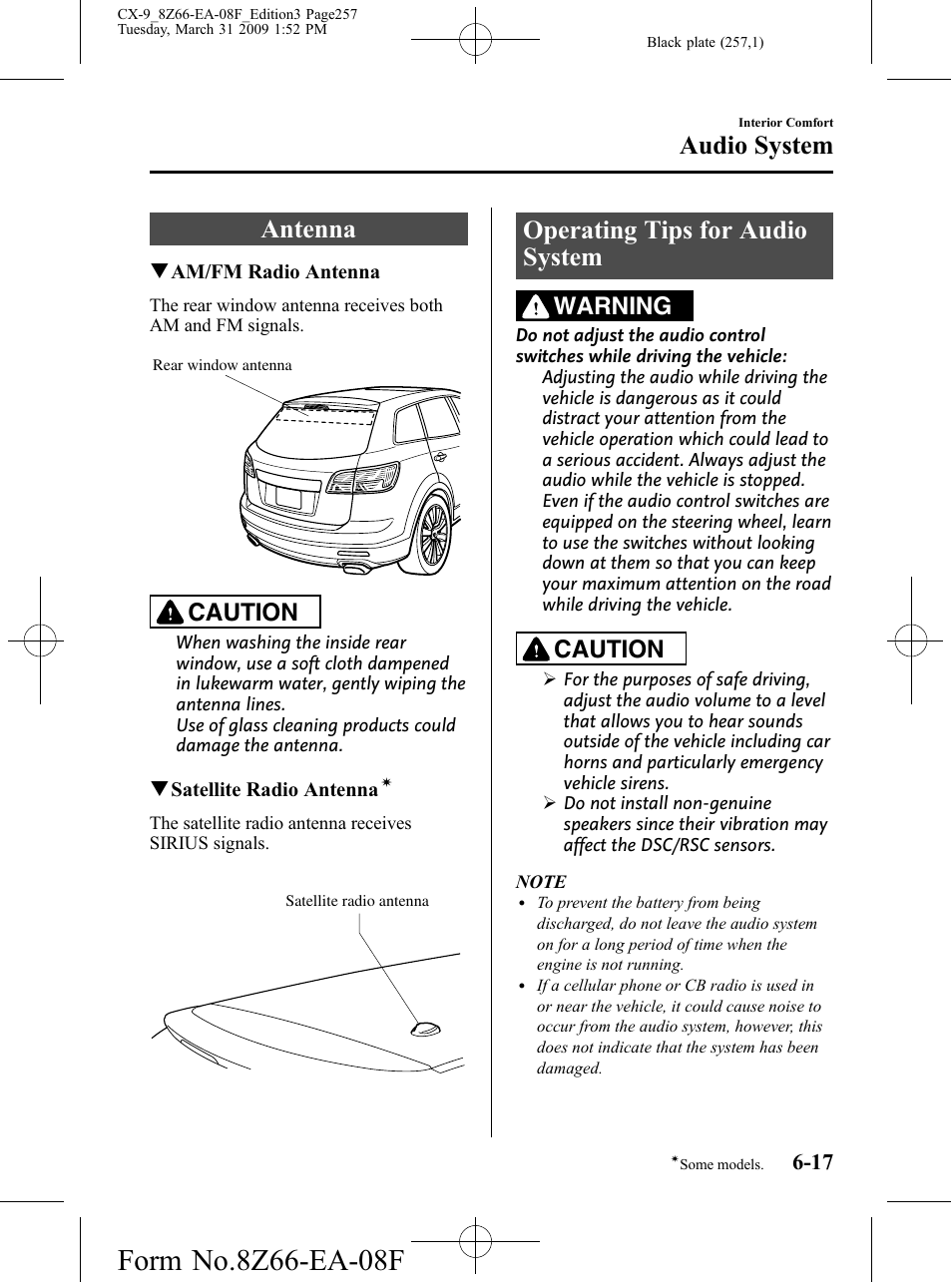 Audio system, Antenna, Operating tips for audio system | Audio system -17, Antenna -17 operating tips for audio system -17, Caution, Warning | Mazda 2009 CX-9 User Manual | Page 257 / 538