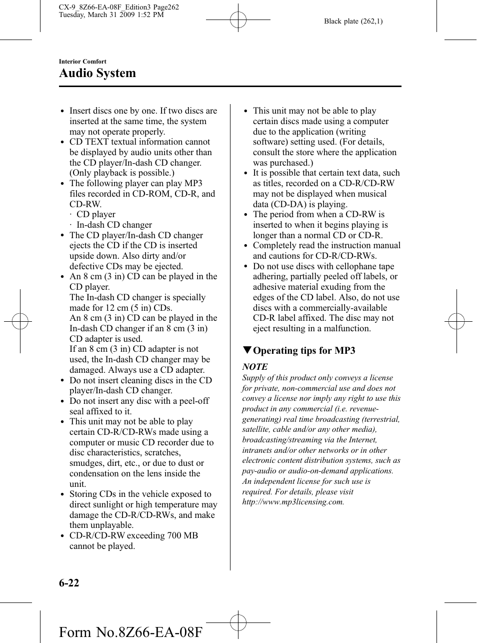 Audio system, Qoperating tips for mp3 | Mazda 2009 CX-9 User Manual | Page 262 / 538