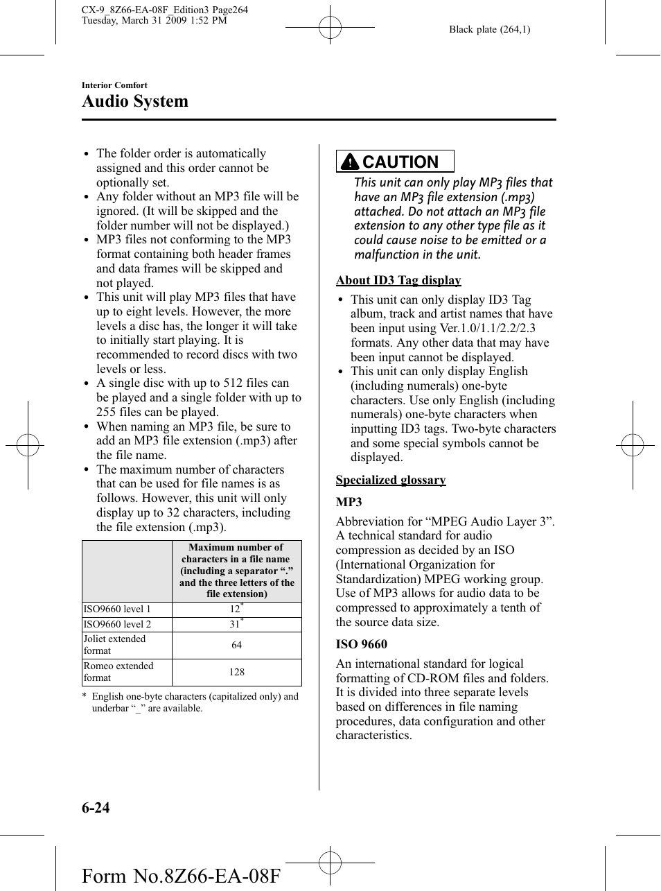 Audio system, Caution | Mazda 2009 CX-9 User Manual | Page 264 / 538