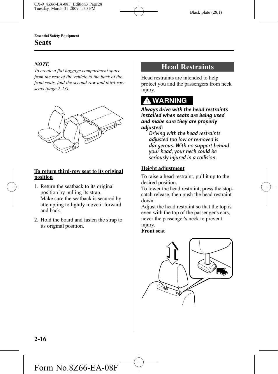 Head restraints, Head restraints -16, Seats | Warning | Mazda 2009 CX-9 User Manual | Page 28 / 538