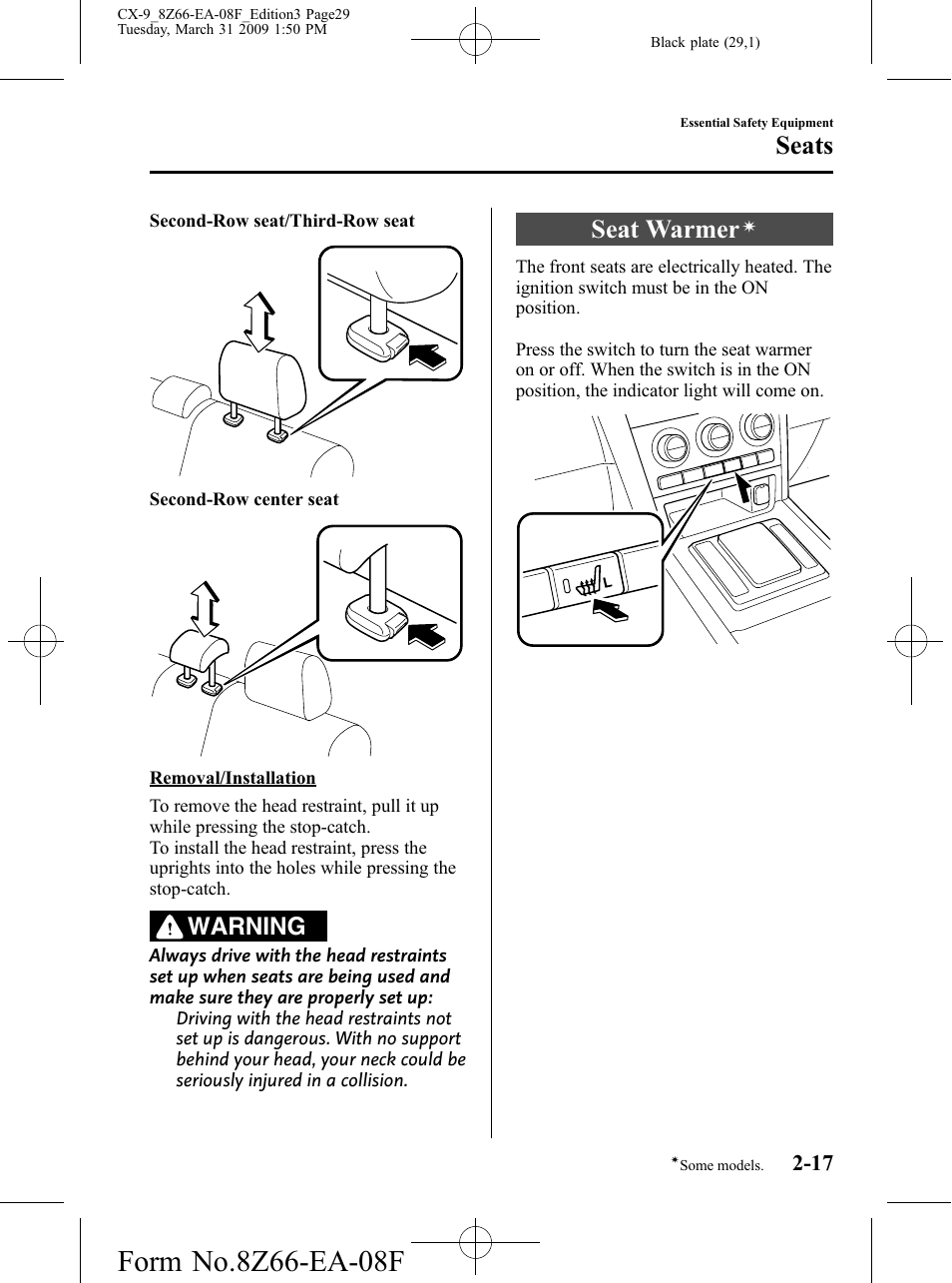 Seat warmer, Seats, Warning | Mazda 2009 CX-9 User Manual | Page 29 / 538