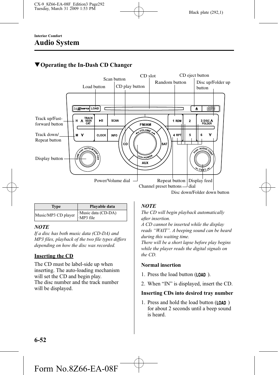 Audio system | Mazda 2009 CX-9 User Manual | Page 292 / 538