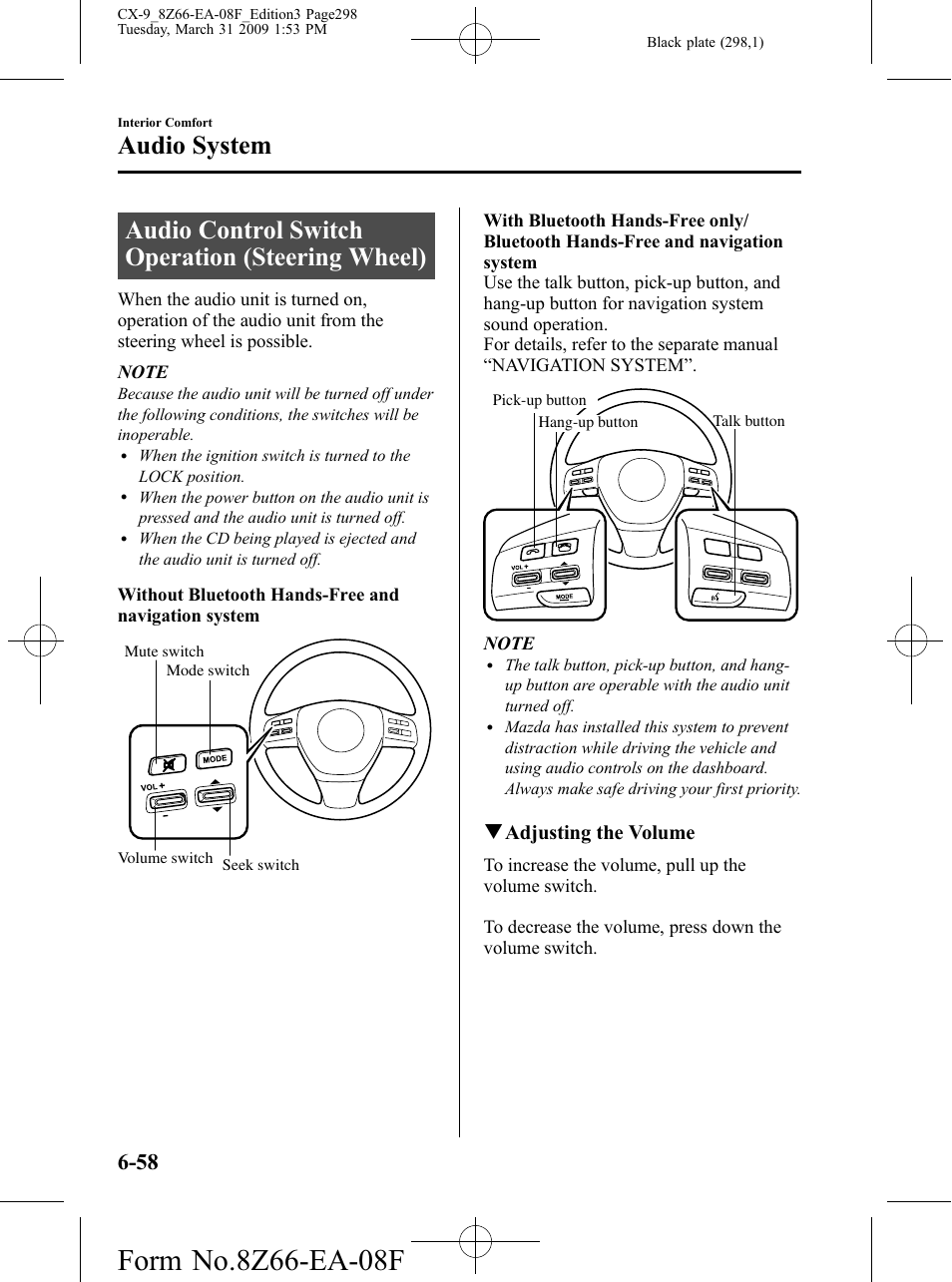Audio control switch operation (steering wheel), Audio system, Qadjusting the volume | Mazda 2009 CX-9 User Manual | Page 298 / 538