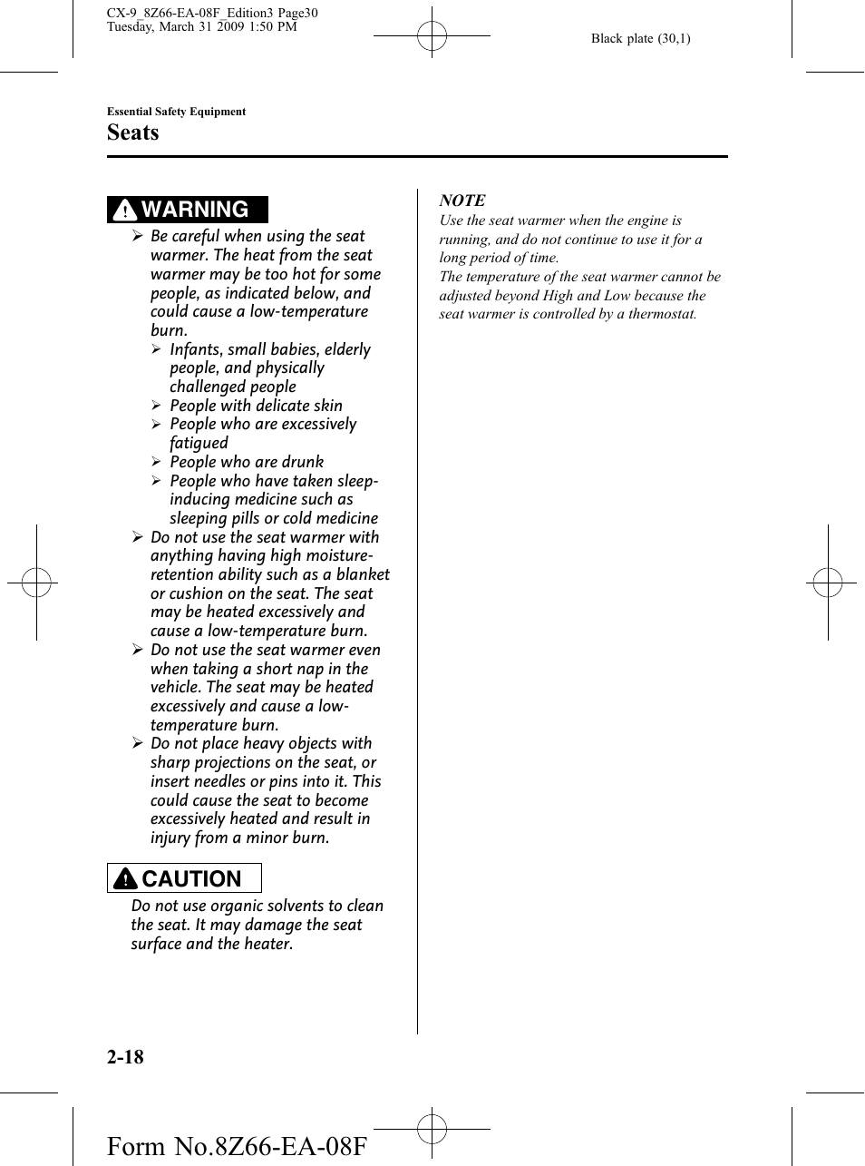 Seats, Warning, Caution | Mazda 2009 CX-9 User Manual | Page 30 / 538