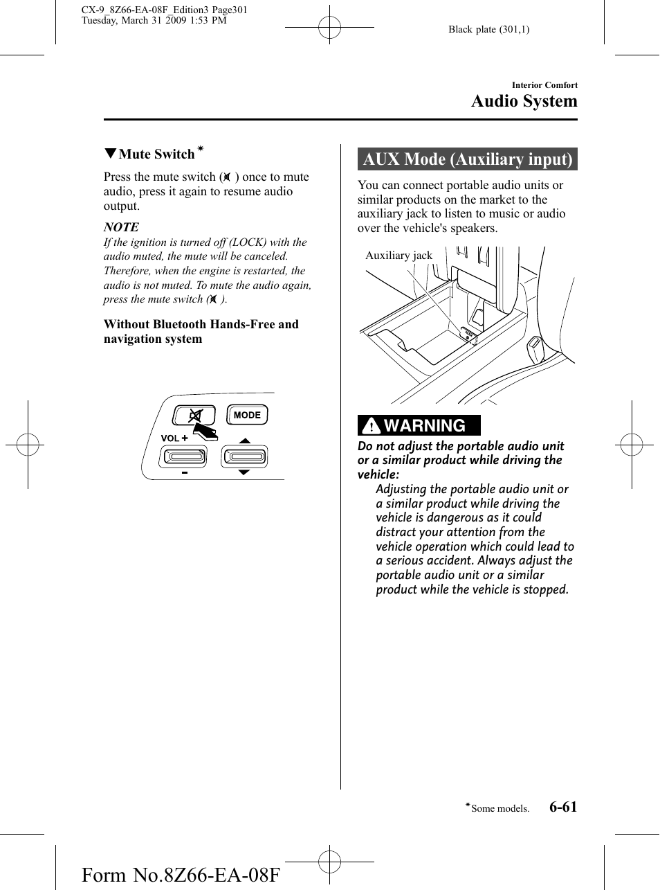 Aux mode (auxiliary input), Aux mode (auxiliary input) -61, Audio system | Warning | Mazda 2009 CX-9 User Manual | Page 301 / 538