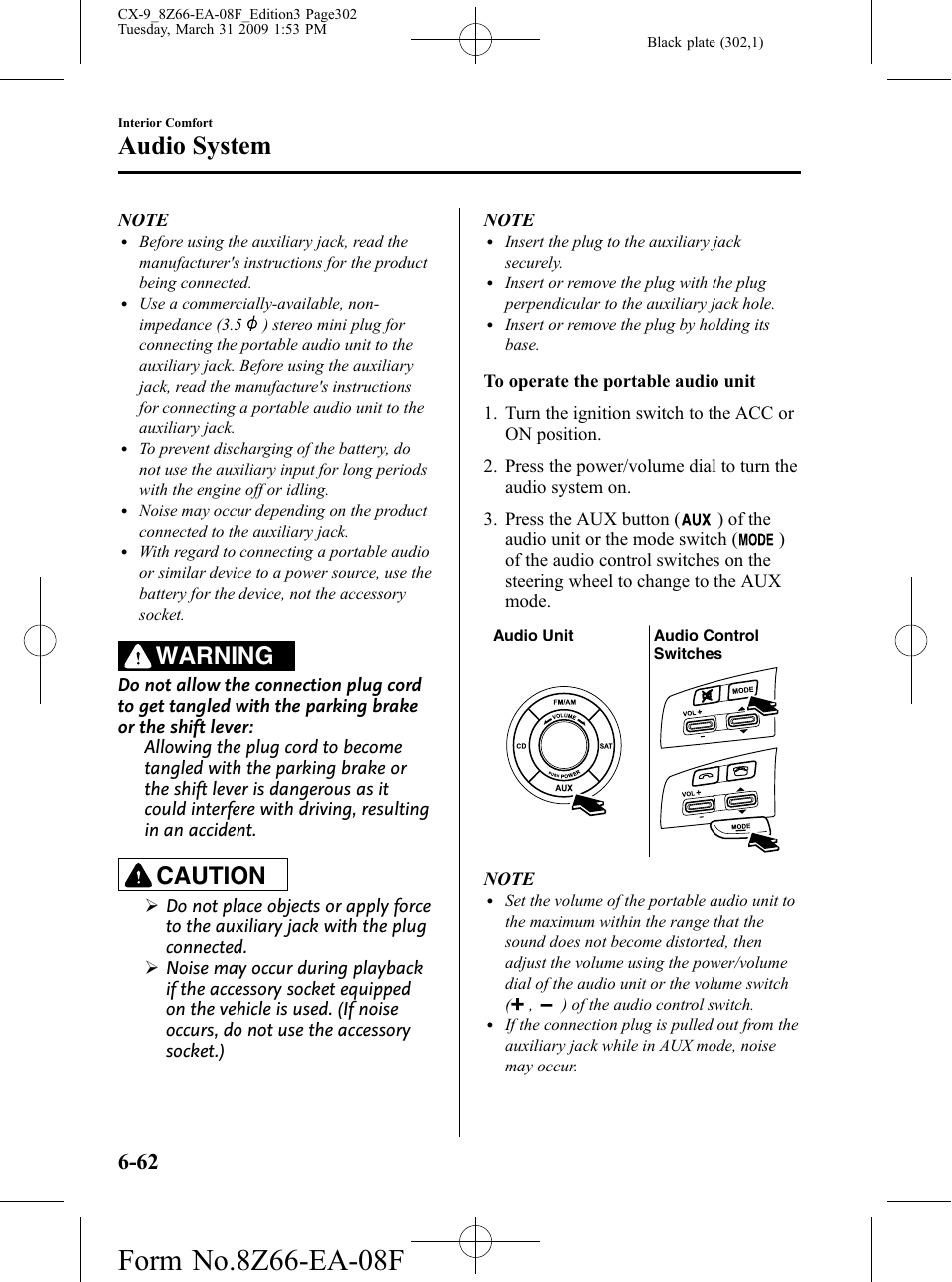 Audio system, Warning, Caution | Mazda 2009 CX-9 User Manual | Page 302 / 538