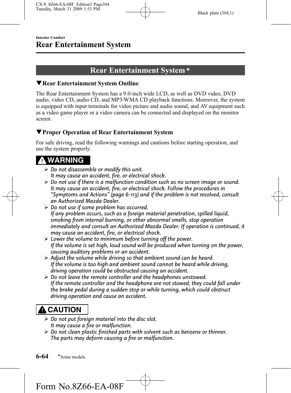 Rear entertainment system, Rear entertainment system -64, Warning | Caution | Mazda 2009 CX-9 User Manual | Page 304 / 538