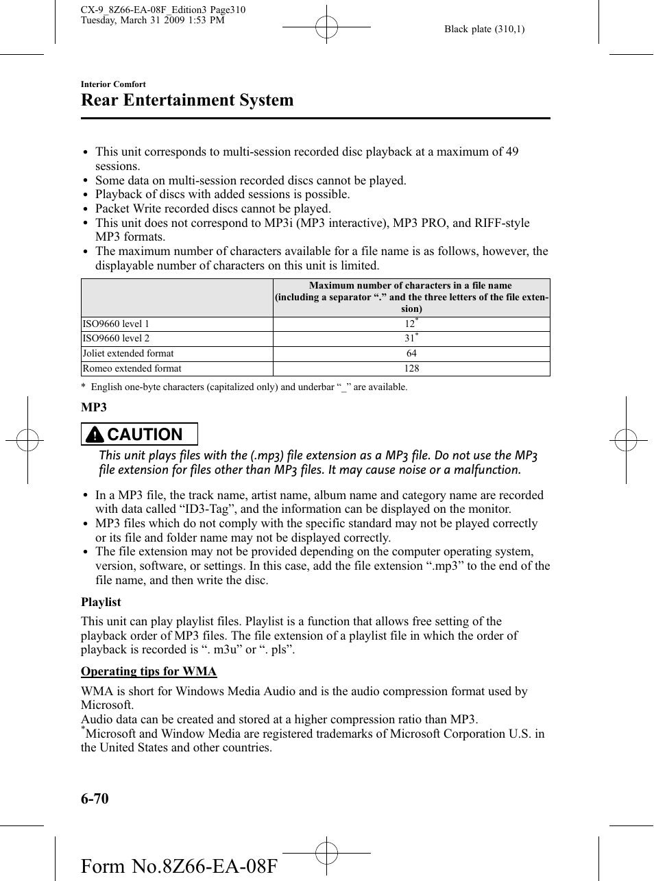 Rear entertainment system, Caution | Mazda 2009 CX-9 User Manual | Page 310 / 538