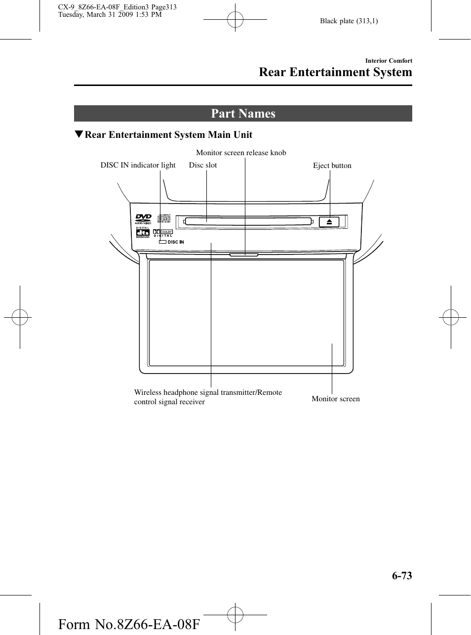 Part names, Part names -73, Rear entertainment system | Mazda 2009 CX-9 User Manual | Page 313 / 538