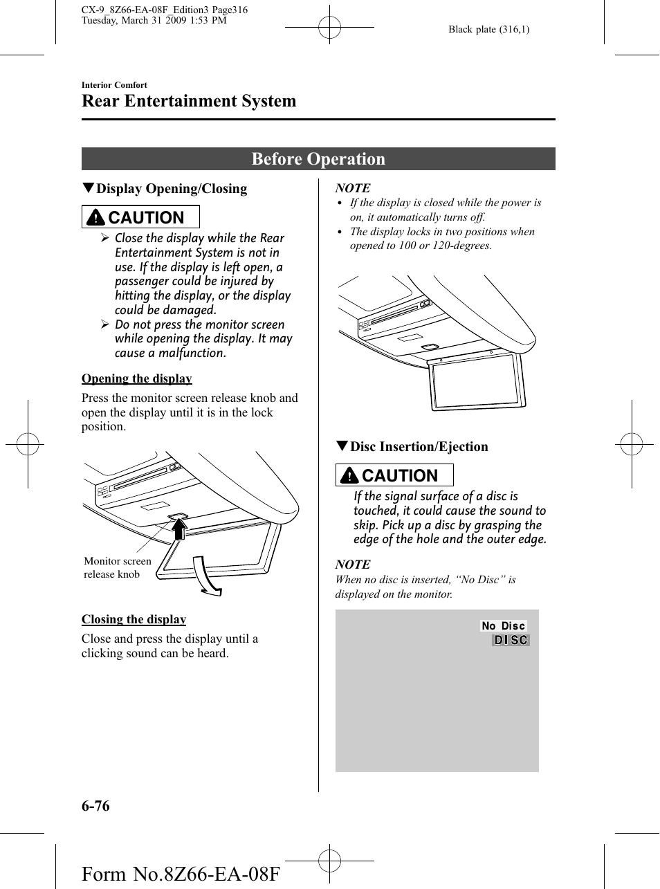 Before operation, Before operation -76, Rear entertainment system | Caution | Mazda 2009 CX-9 User Manual | Page 316 / 538