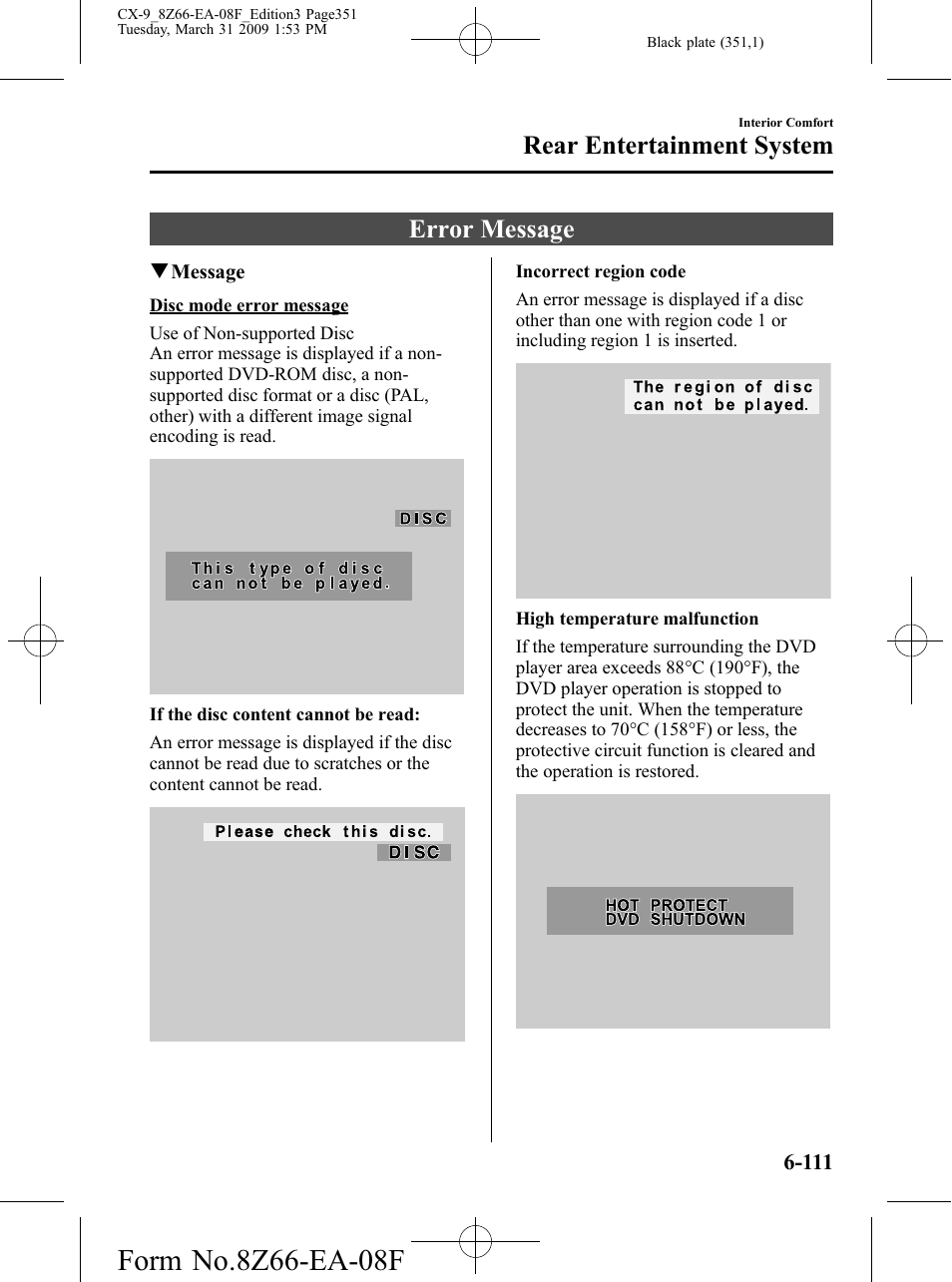 Error message, Error message -111, Rear entertainment system | Mazda 2009 CX-9 User Manual | Page 351 / 538