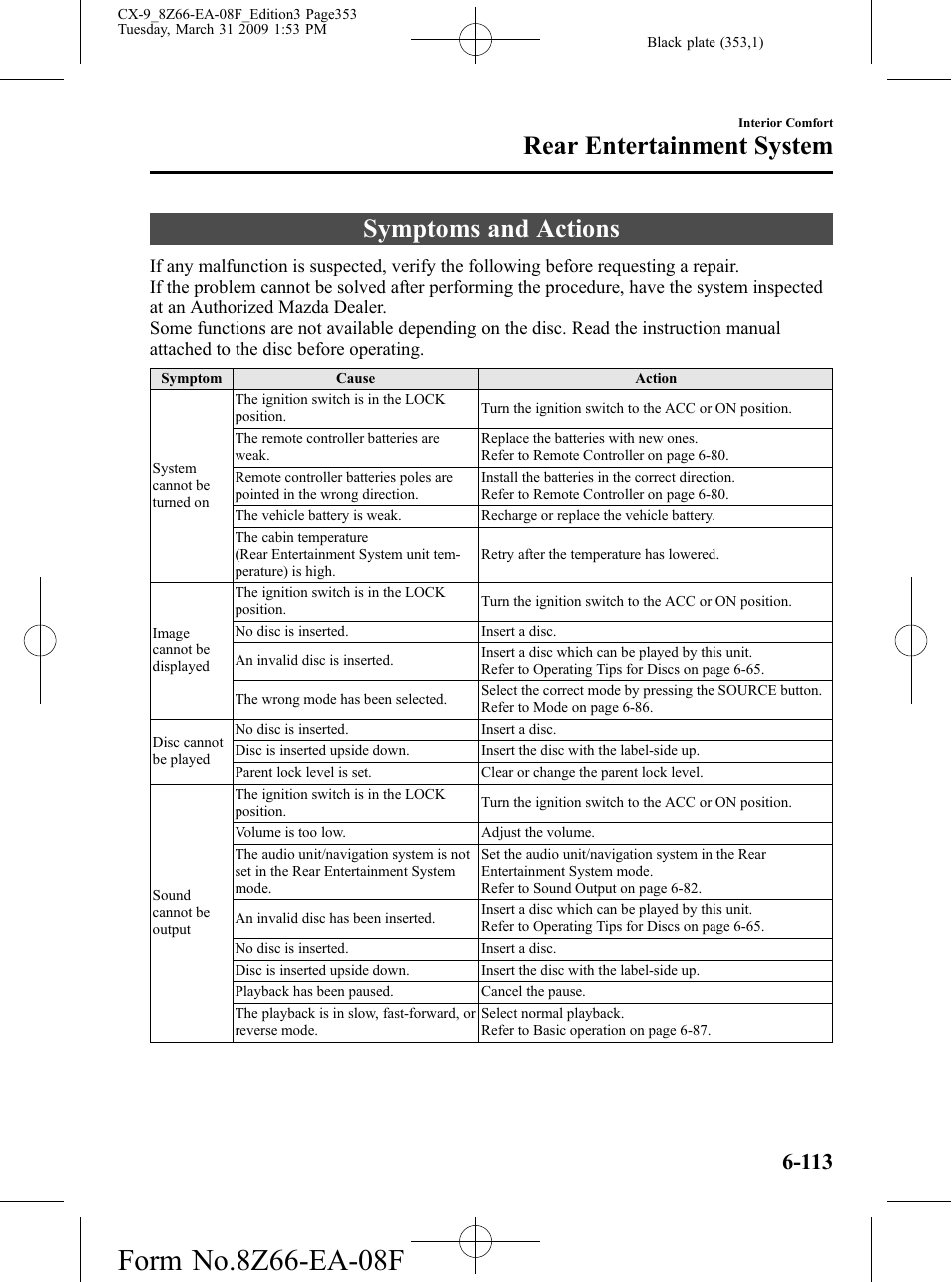 Symptoms and actions, Symptoms and actions -113, Rear entertainment system | Mazda 2009 CX-9 User Manual | Page 353 / 538