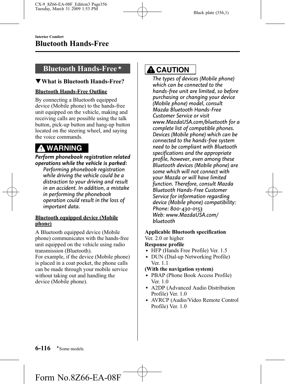 Bluetooth hands-free, Bluetooth hands-free -116, Warning | Caution | Mazda 2009 CX-9 User Manual | Page 356 / 538