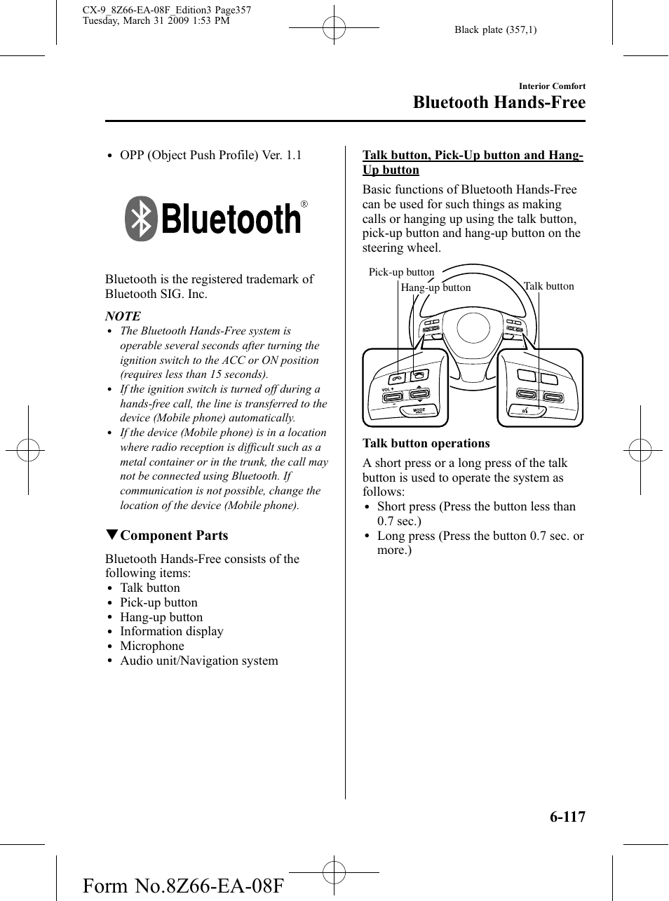Bluetooth hands-free, Qcomponent parts | Mazda 2009 CX-9 User Manual | Page 357 / 538