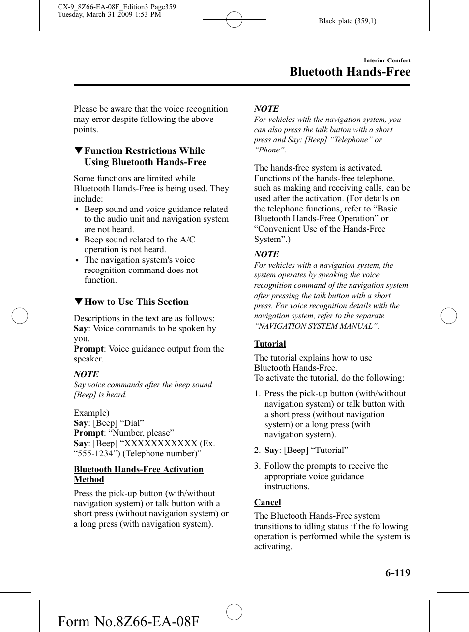 Bluetooth hands-free | Mazda 2009 CX-9 User Manual | Page 359 / 538