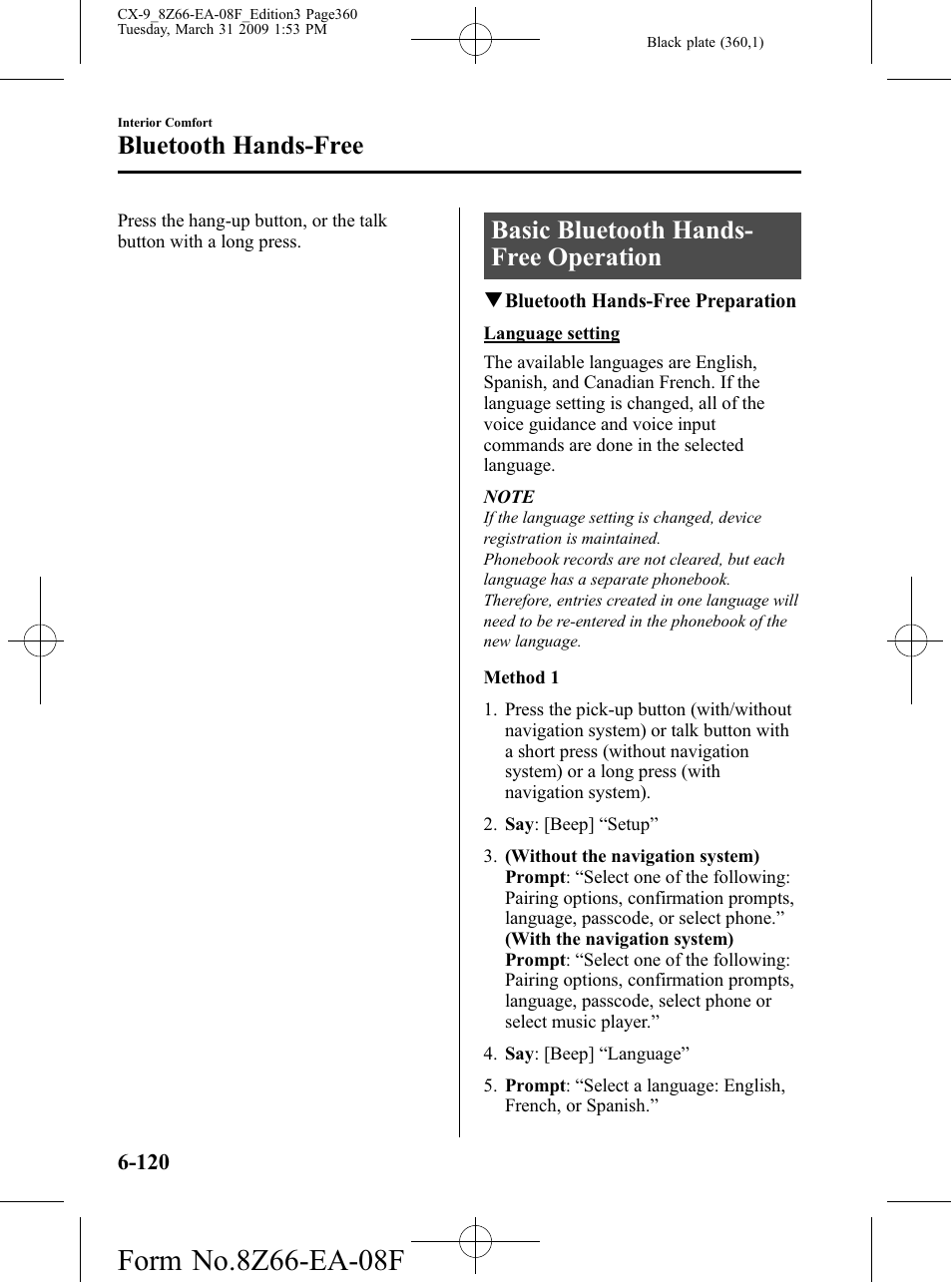 Basic bluetooth hands-free operation, Basic bluetooth hands-free operation -120, Basic bluetooth hands- free operation | Bluetooth hands-free | Mazda 2009 CX-9 User Manual | Page 360 / 538