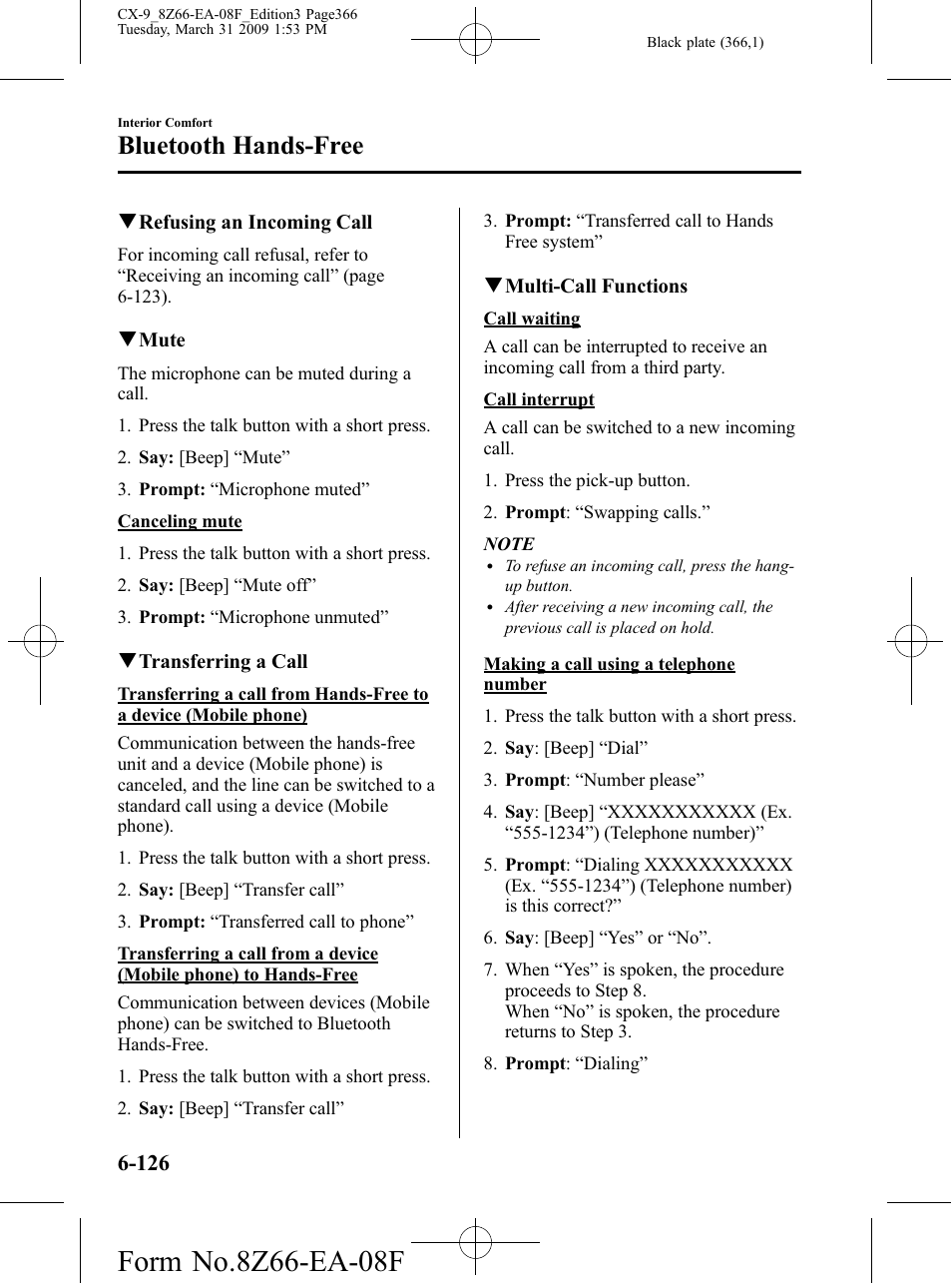Bluetooth hands-free | Mazda 2009 CX-9 User Manual | Page 366 / 538