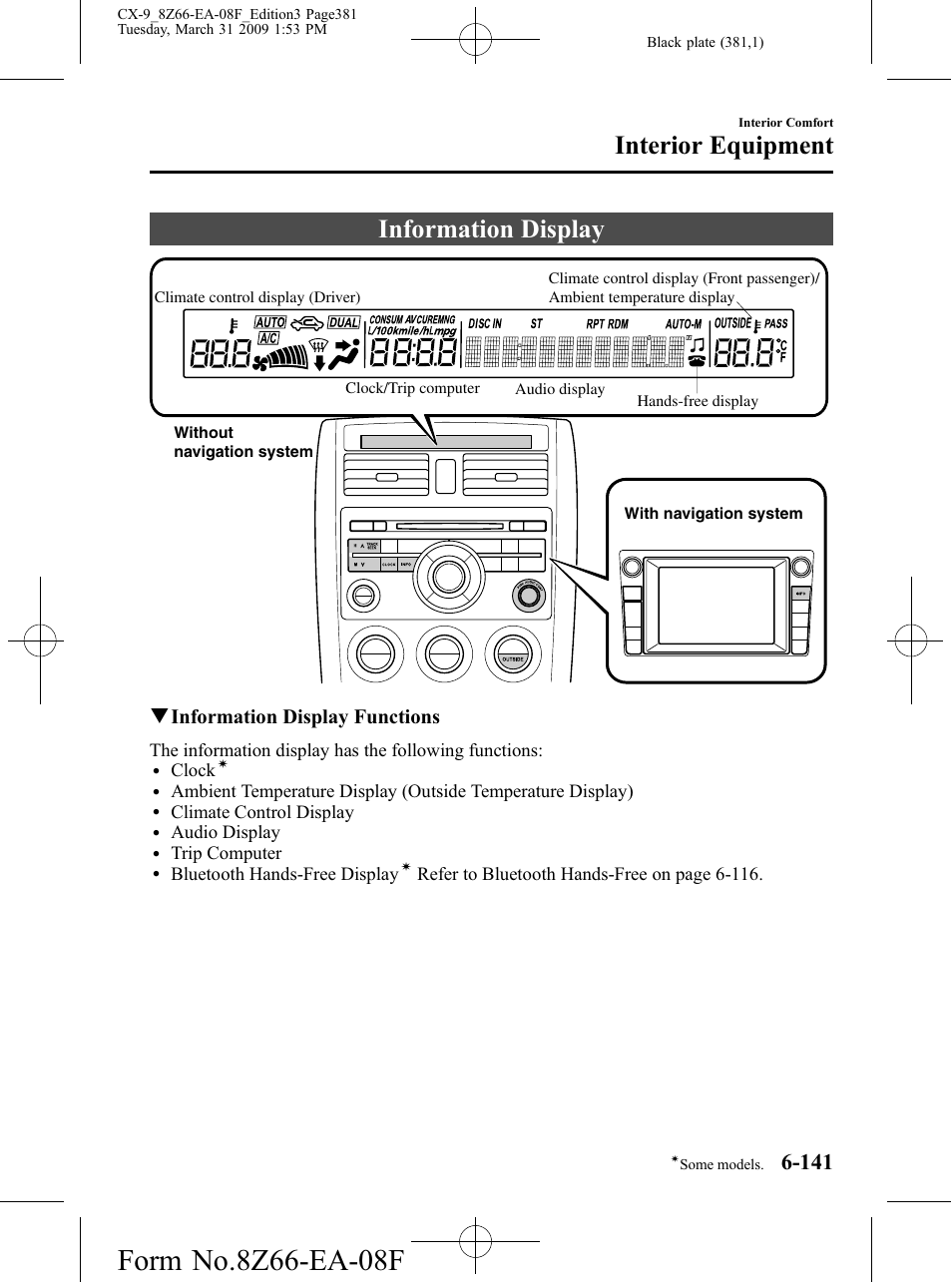 Information display, Information display -141, Interior equipment | Qinformation display functions | Mazda 2009 CX-9 User Manual | Page 381 / 538