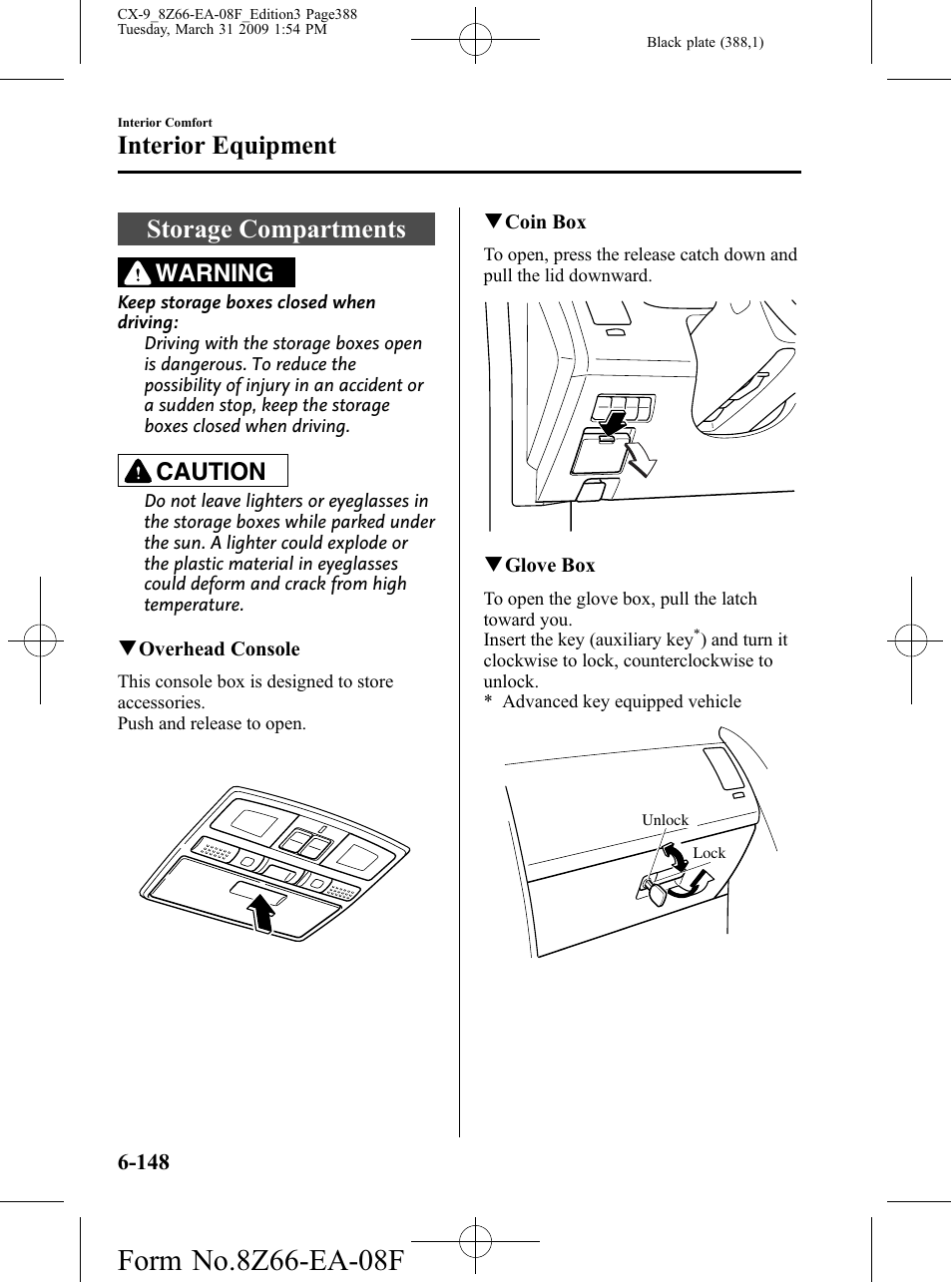 Storage compartments, Storage compartments -148, Interior equipment | Warning, Caution | Mazda 2009 CX-9 User Manual | Page 388 / 538