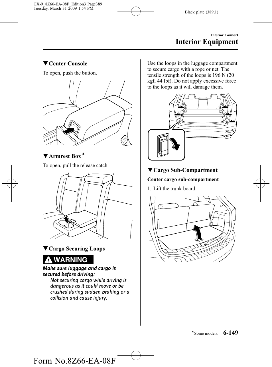 Interior equipment, Warning | Mazda 2009 CX-9 User Manual | Page 389 / 538