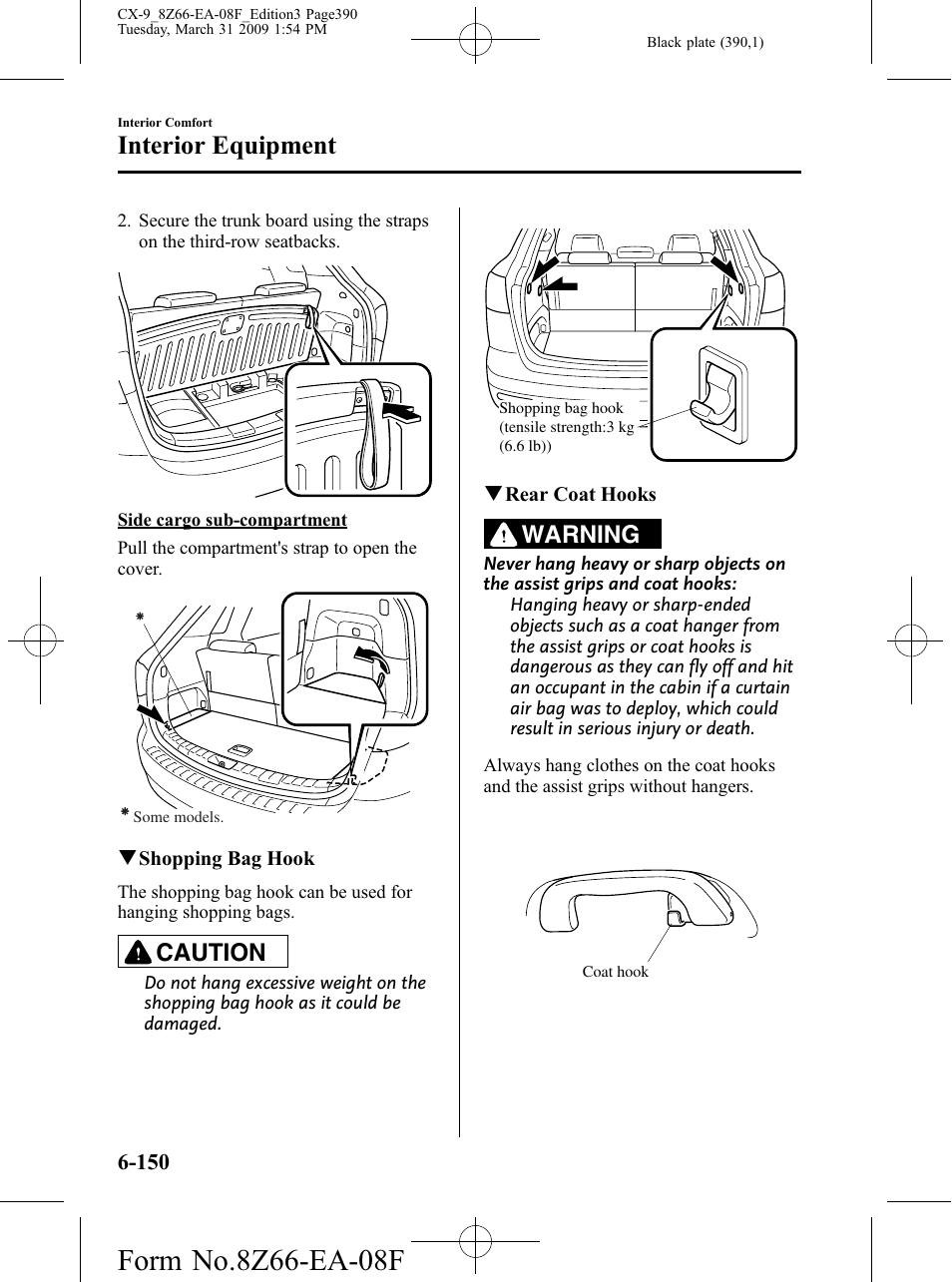 Interior equipment, Caution, Warning | Mazda 2009 CX-9 User Manual | Page 390 / 538