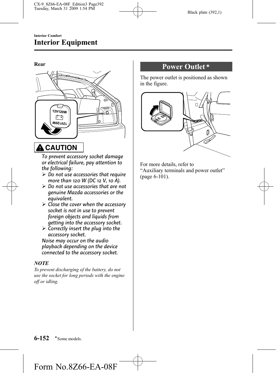 Power outlet, Interior equipment, Caution | Mazda 2009 CX-9 User Manual | Page 392 / 538