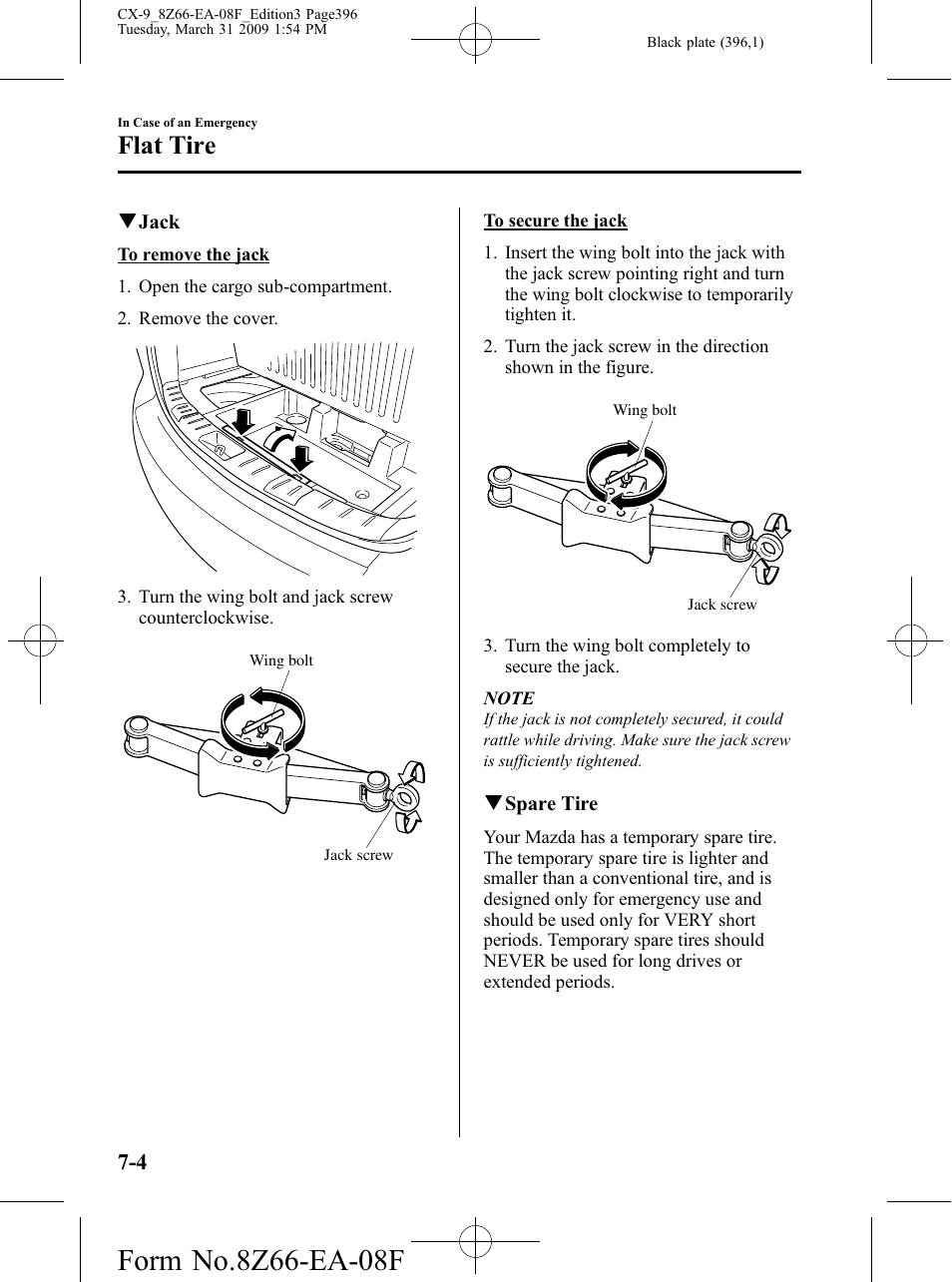 Flat tire | Mazda 2009 CX-9 User Manual | Page 396 / 538