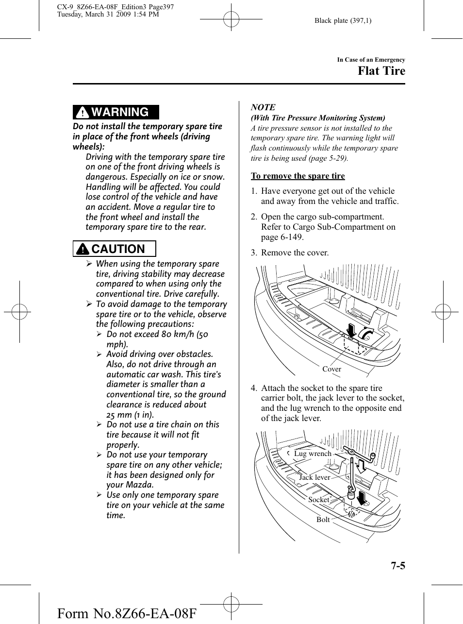 Flat tire, Warning, Caution | Mazda 2009 CX-9 User Manual | Page 397 / 538