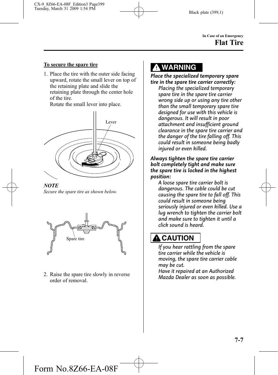 Flat tire, Warning, Caution | Mazda 2009 CX-9 User Manual | Page 399 / 538