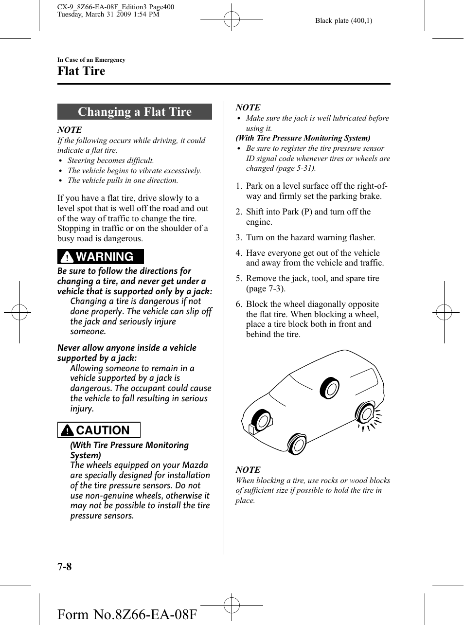 Changing a flat tire, Changing a flat tire -8, Flat tire | Warning, Caution | Mazda 2009 CX-9 User Manual | Page 400 / 538