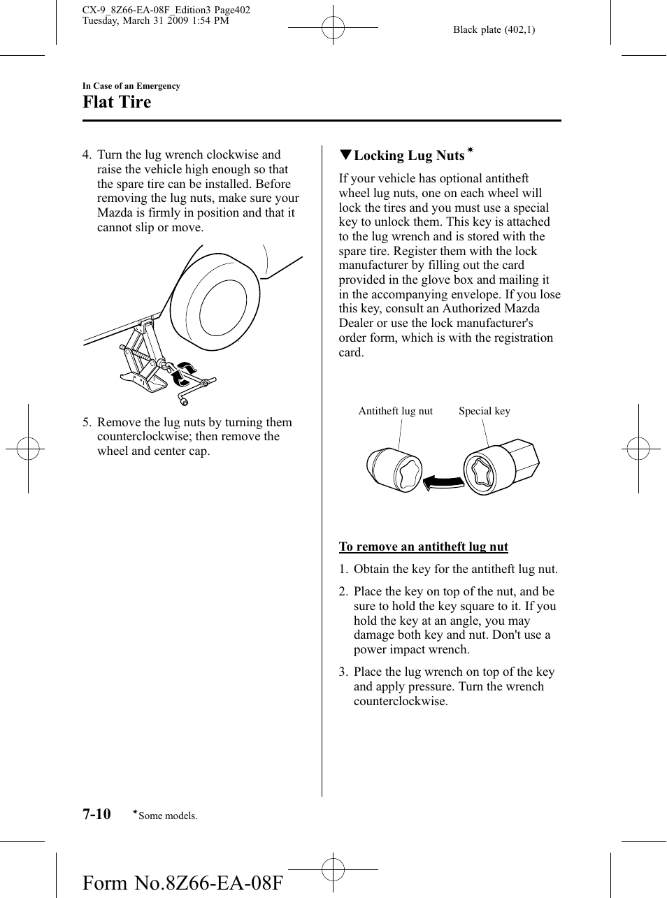 Flat tire | Mazda 2009 CX-9 User Manual | Page 402 / 538