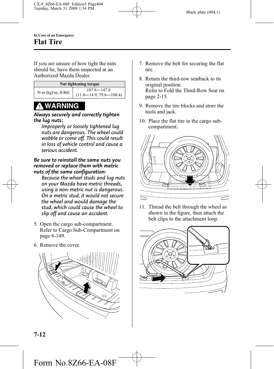 Flat tire, Warning | Mazda 2009 CX-9 User Manual | Page 404 / 538