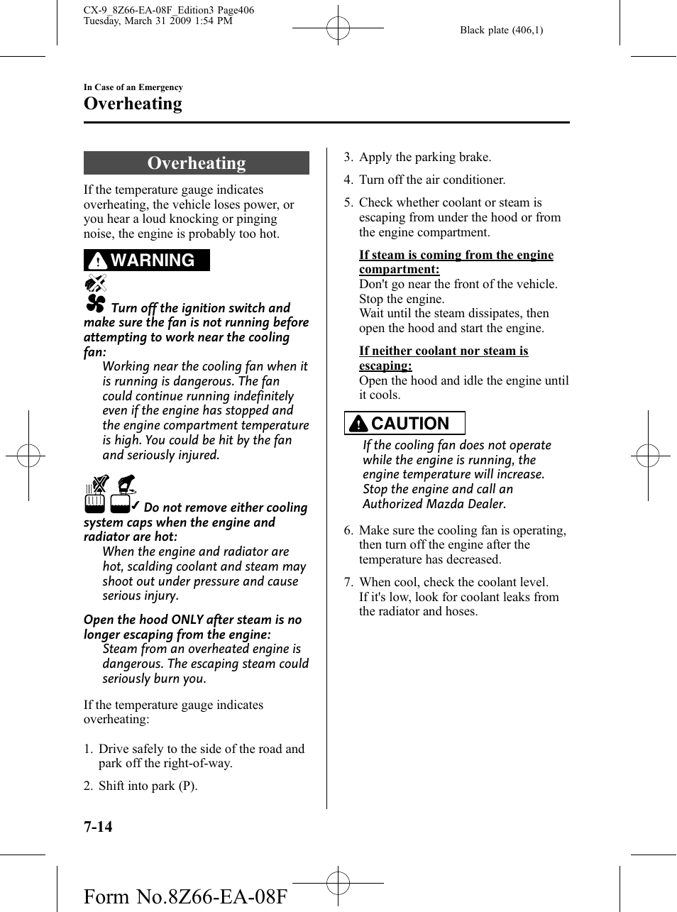 Overheating, Overheating -14, Warning | Caution | Mazda 2009 CX-9 User Manual | Page 406 / 538