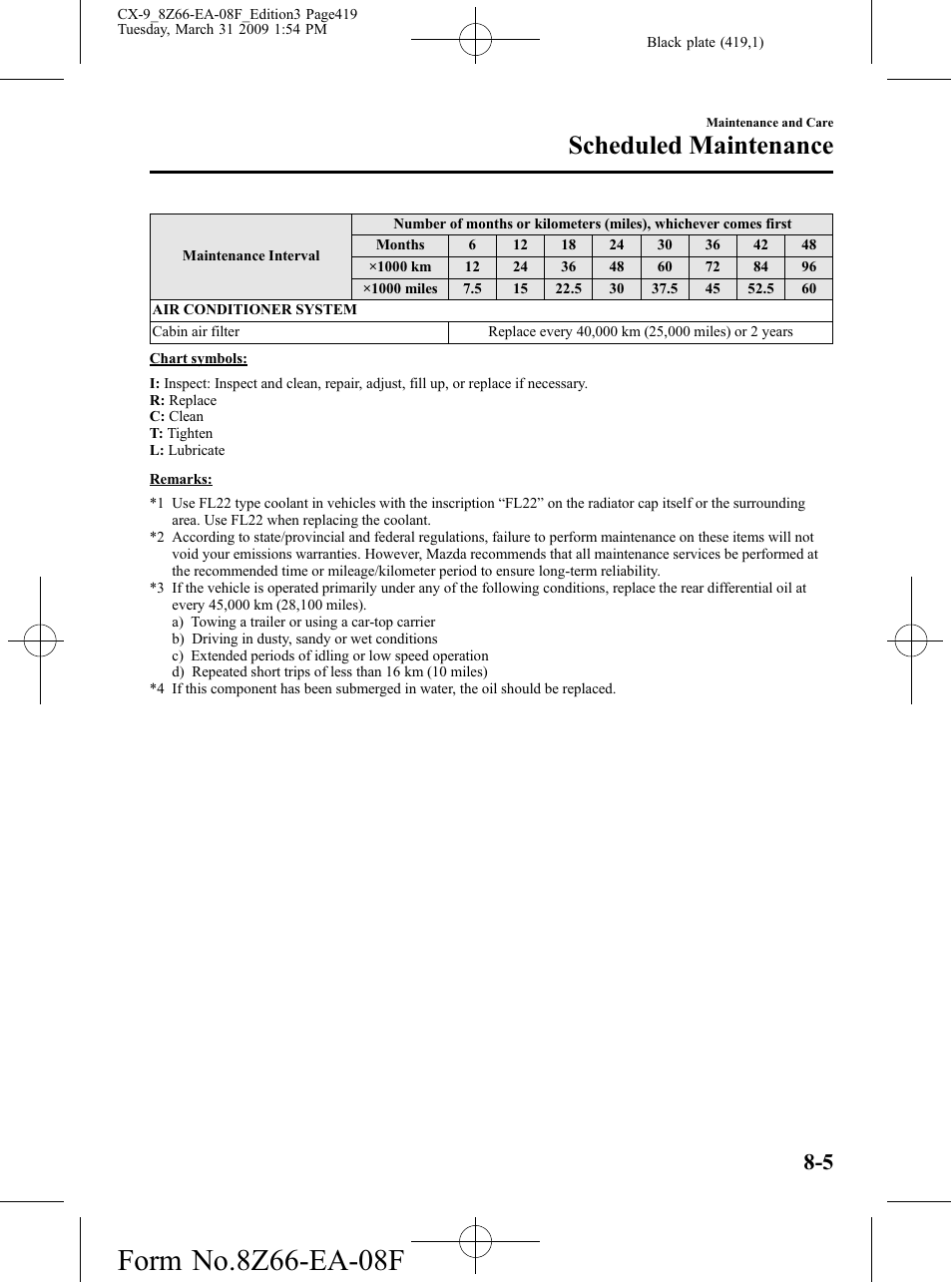 Scheduled maintenance | Mazda 2009 CX-9 User Manual | Page 419 / 538