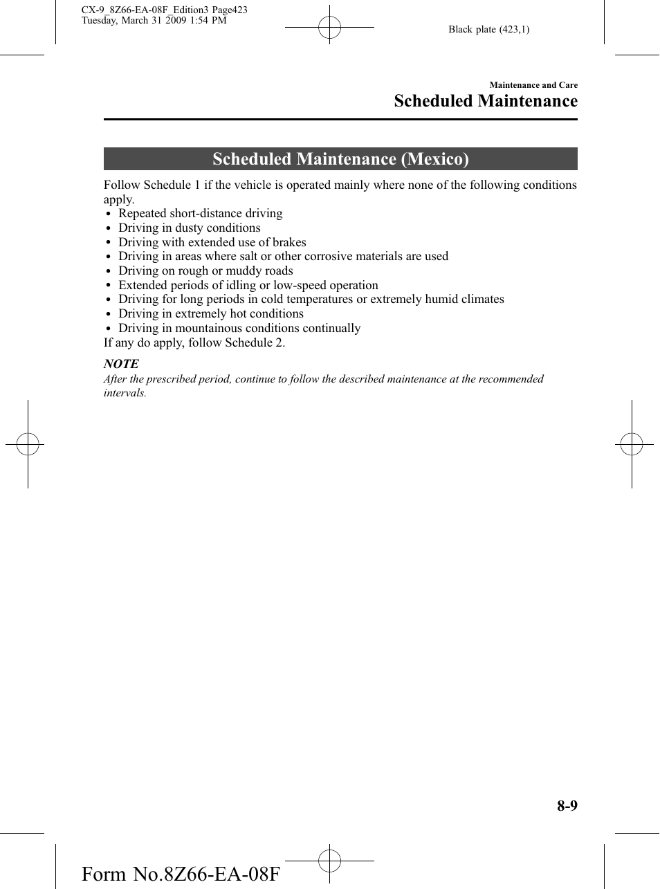 Scheduled maintenance (mexico), Scheduled maintenance (mexico) -9, Scheduled maintenance | Mazda 2009 CX-9 User Manual | Page 423 / 538