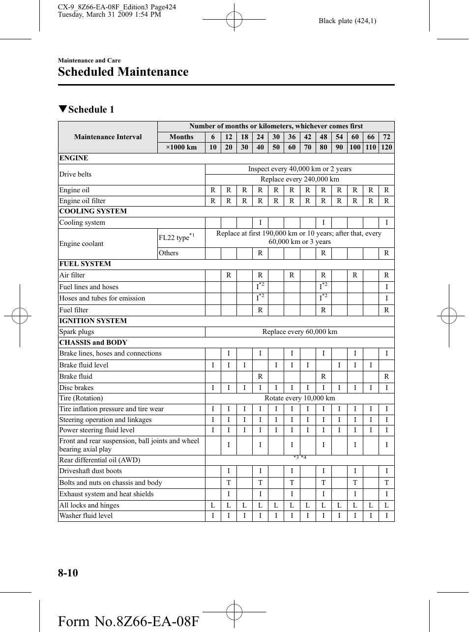 Scheduled maintenance, Qschedule 1 | Mazda 2009 CX-9 User Manual | Page 424 / 538