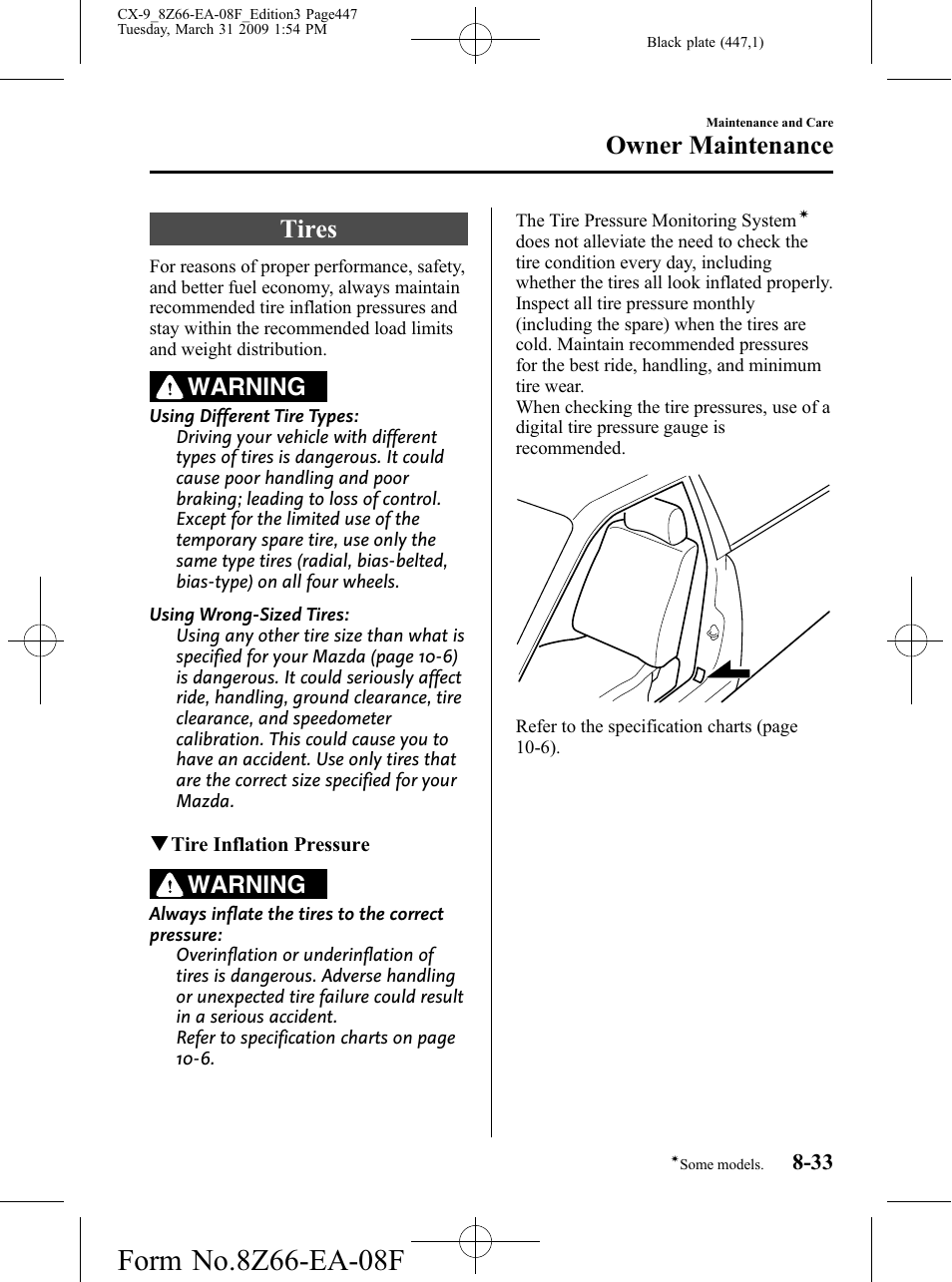 Tires, Tires -33, Owner maintenance | Warning | Mazda 2009 CX-9 User Manual | Page 447 / 538