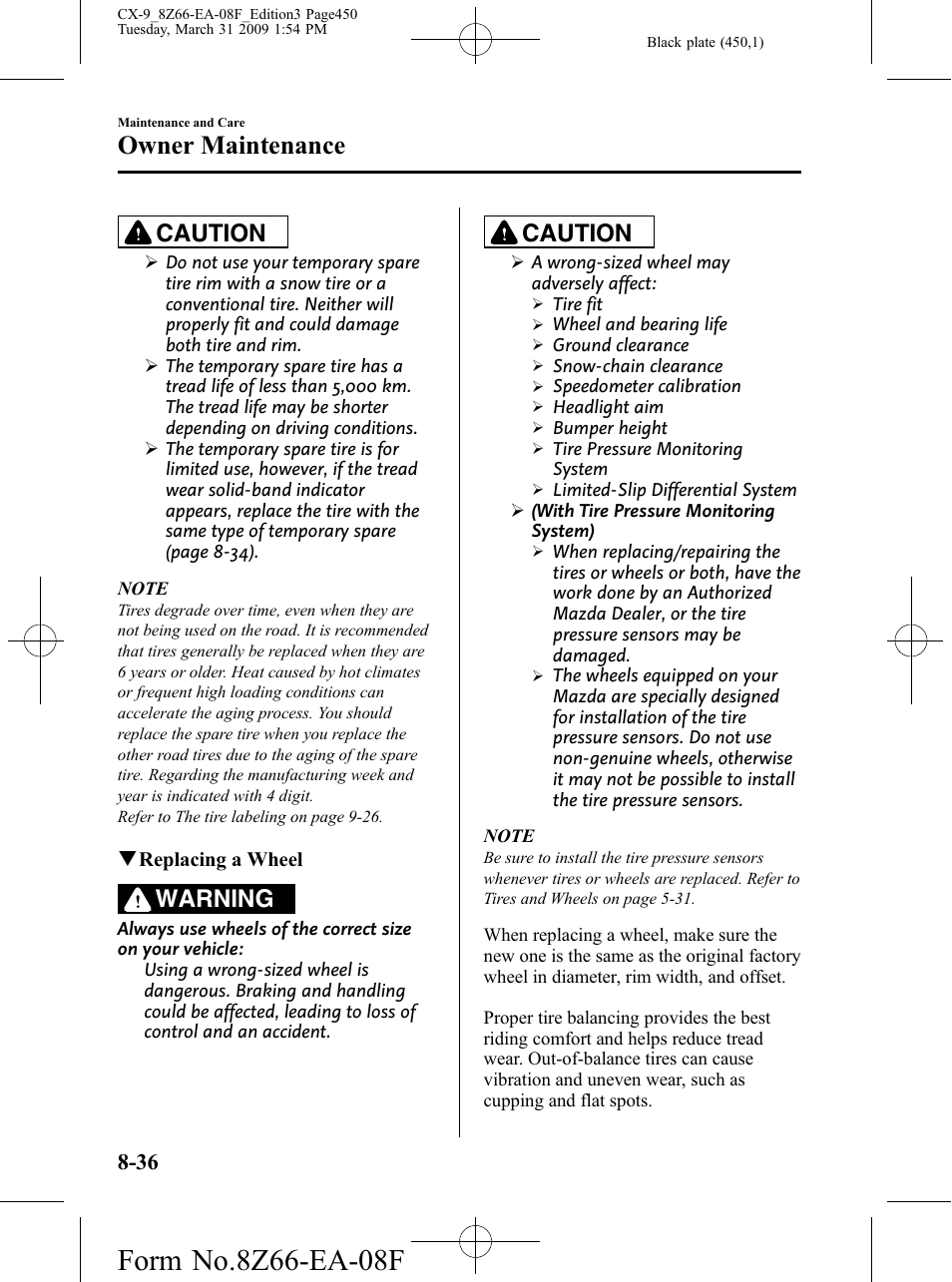 Owner maintenance, Caution, Warning | Mazda 2009 CX-9 User Manual | Page 450 / 538