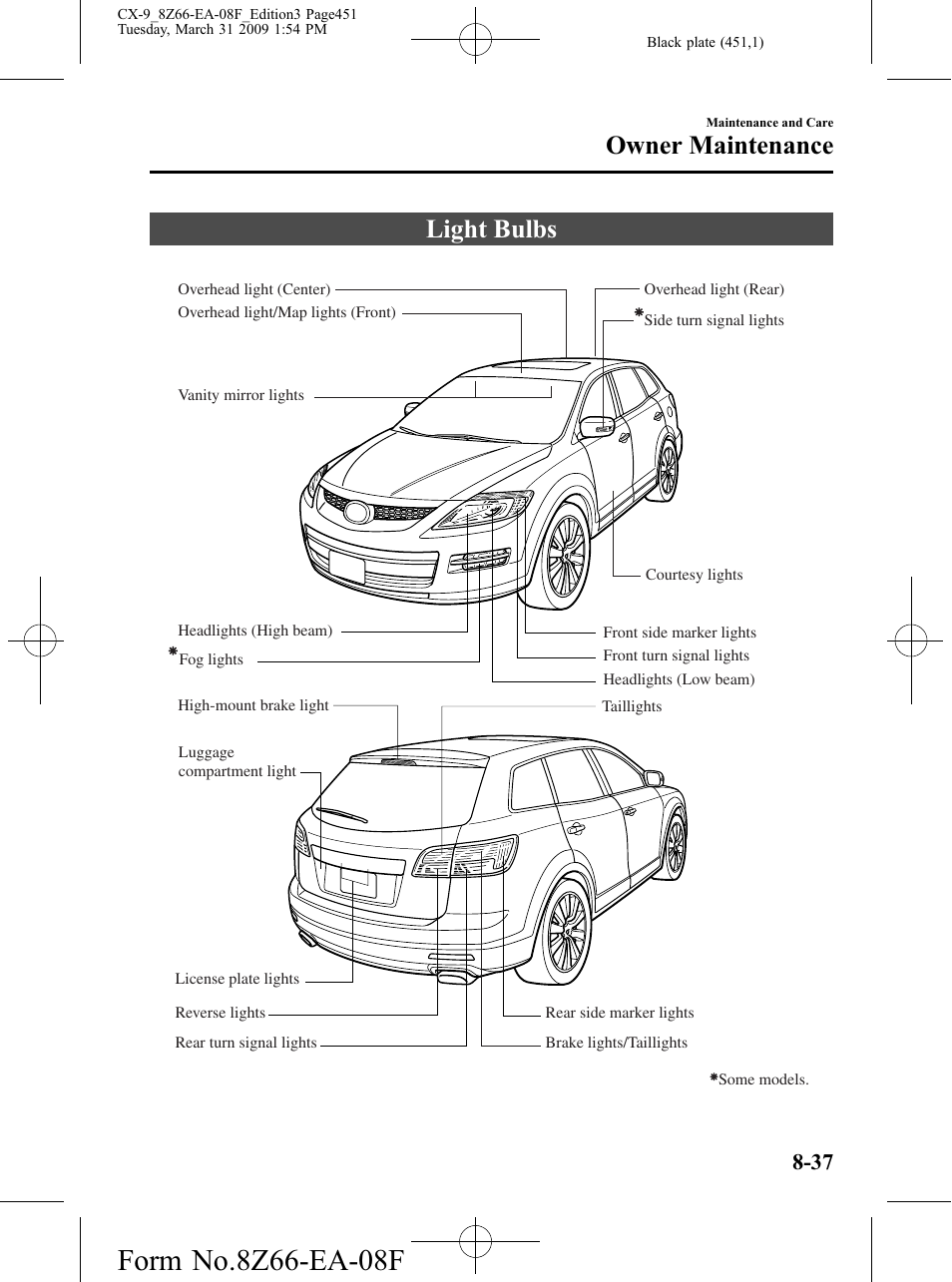 Light bulbs, Light bulbs -37, Owner maintenance | Mazda 2009 CX-9 User Manual | Page 451 / 538