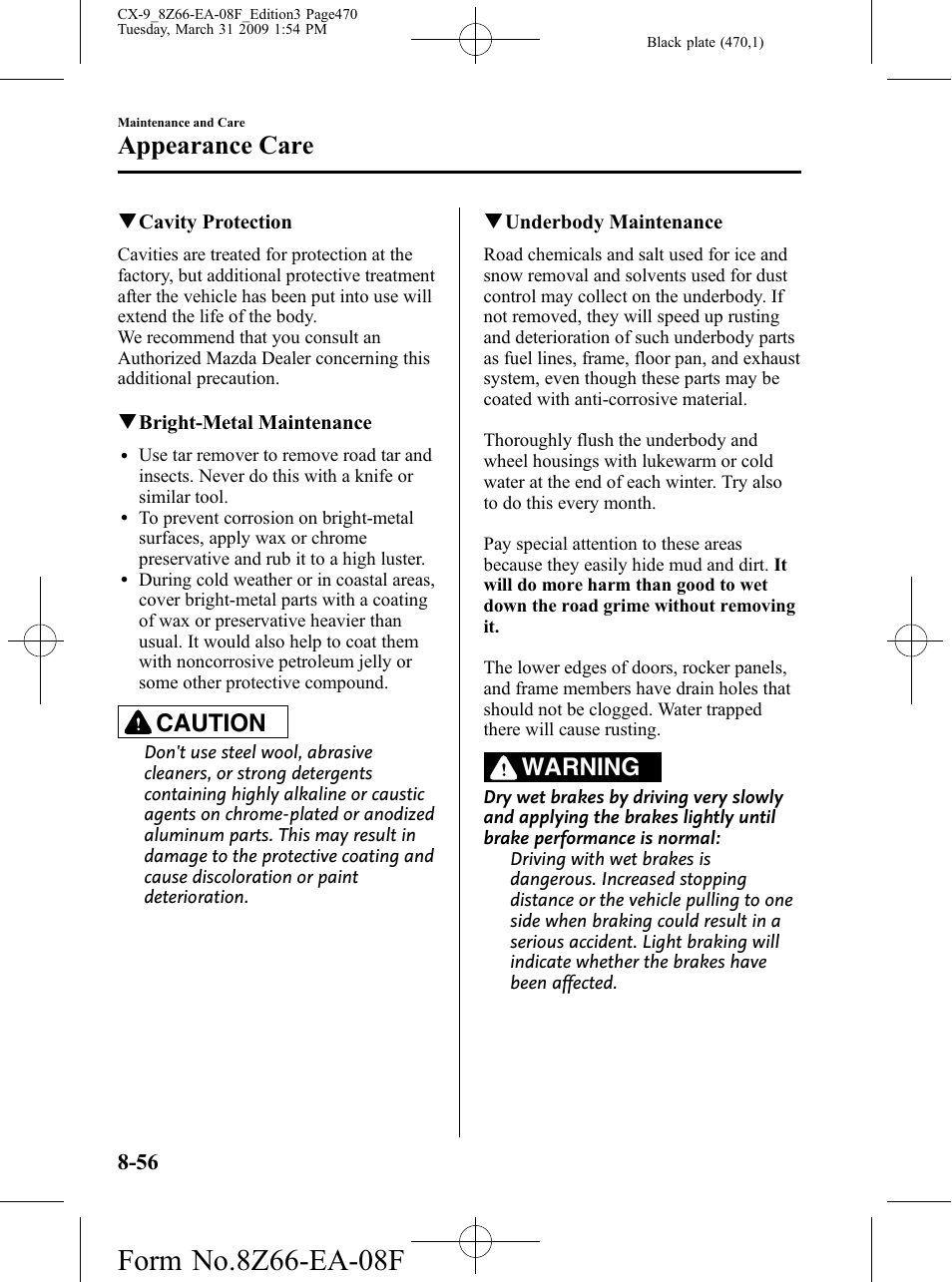 Appearance care, Caution, Warning | Mazda 2009 CX-9 User Manual | Page 470 / 538