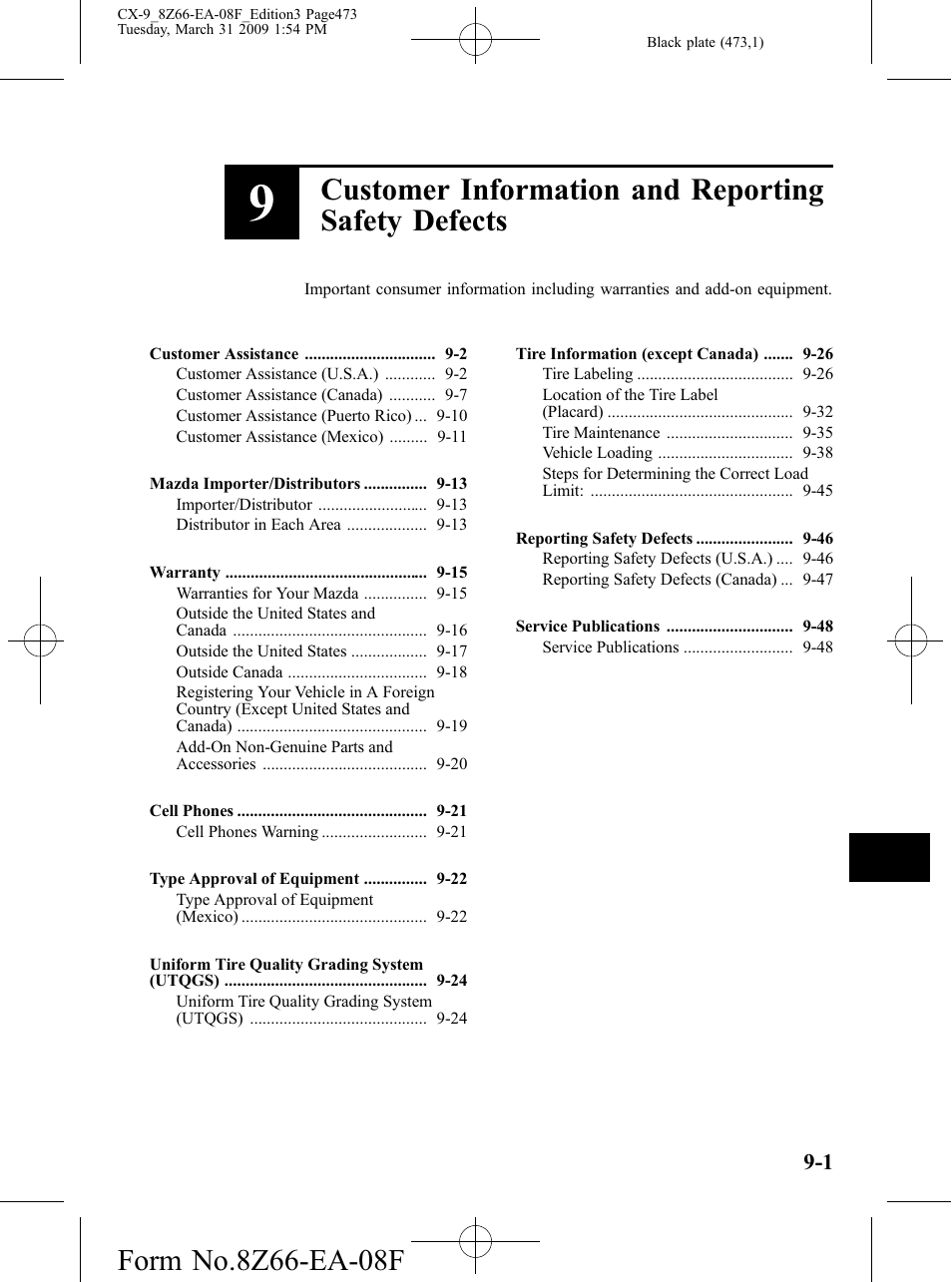 Customer information and reporting safety defects | Mazda 2009 CX-9 User Manual | Page 473 / 538