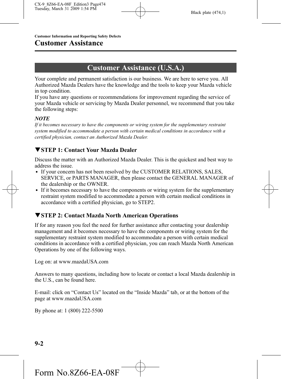 Customer assistance, Customer assistance (u.s.a.), Customer assistance -2 | Customer assistance (u.s.a.) -2 | Mazda 2009 CX-9 User Manual | Page 474 / 538