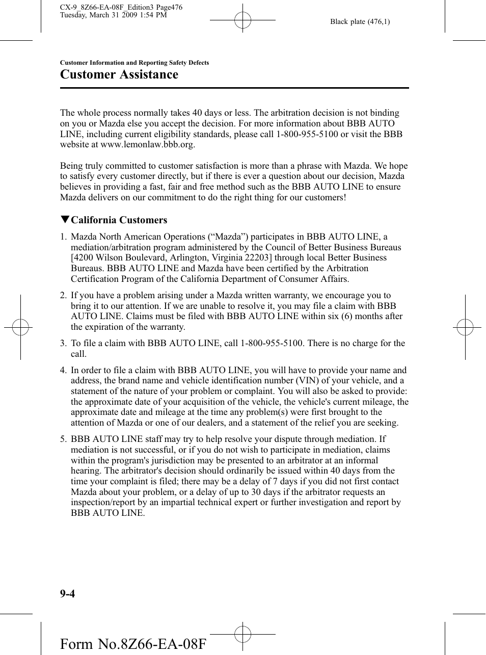 Customer assistance | Mazda 2009 CX-9 User Manual | Page 476 / 538
