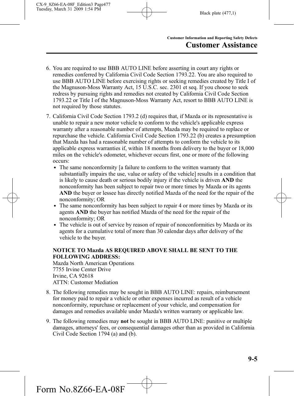 Customer assistance | Mazda 2009 CX-9 User Manual | Page 477 / 538