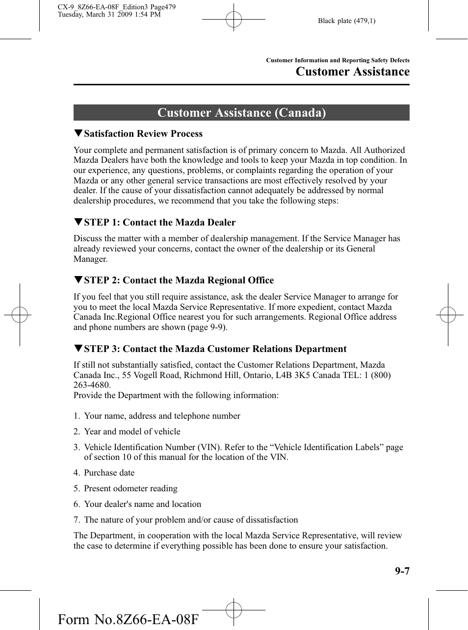 Customer assistance (canada), Customer assistance (canada) -7, Customer assistance | Mazda 2009 CX-9 User Manual | Page 479 / 538