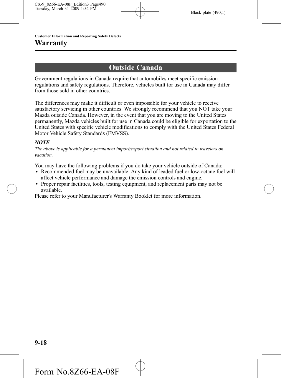 Outside canada, Outside canada -18, Warranty | Mazda 2009 CX-9 User Manual | Page 490 / 538